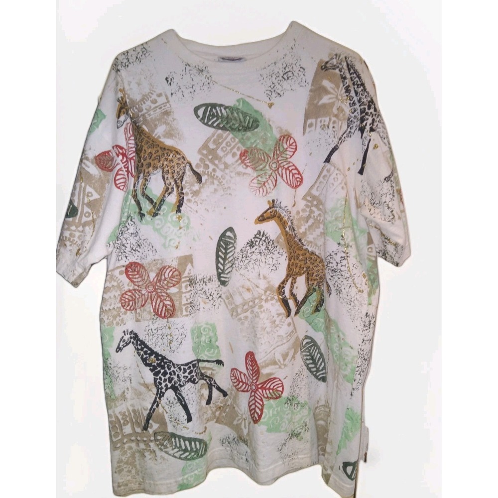 Vintage Separate Issue Zebra Giraffe Flower Tshirt Women's Size 1X Safari Jungle